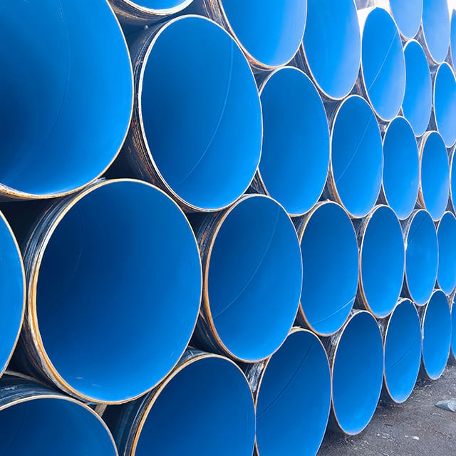 Stack of pipe ends showing bright blue internal epoxy coating on the bore